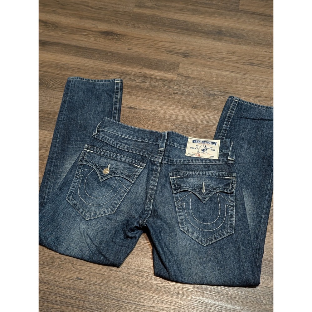True Religion Slim w/ Flaps Mens Jeans 31 Dark Wash Blue 5MHQ30FM00 TripleStitch